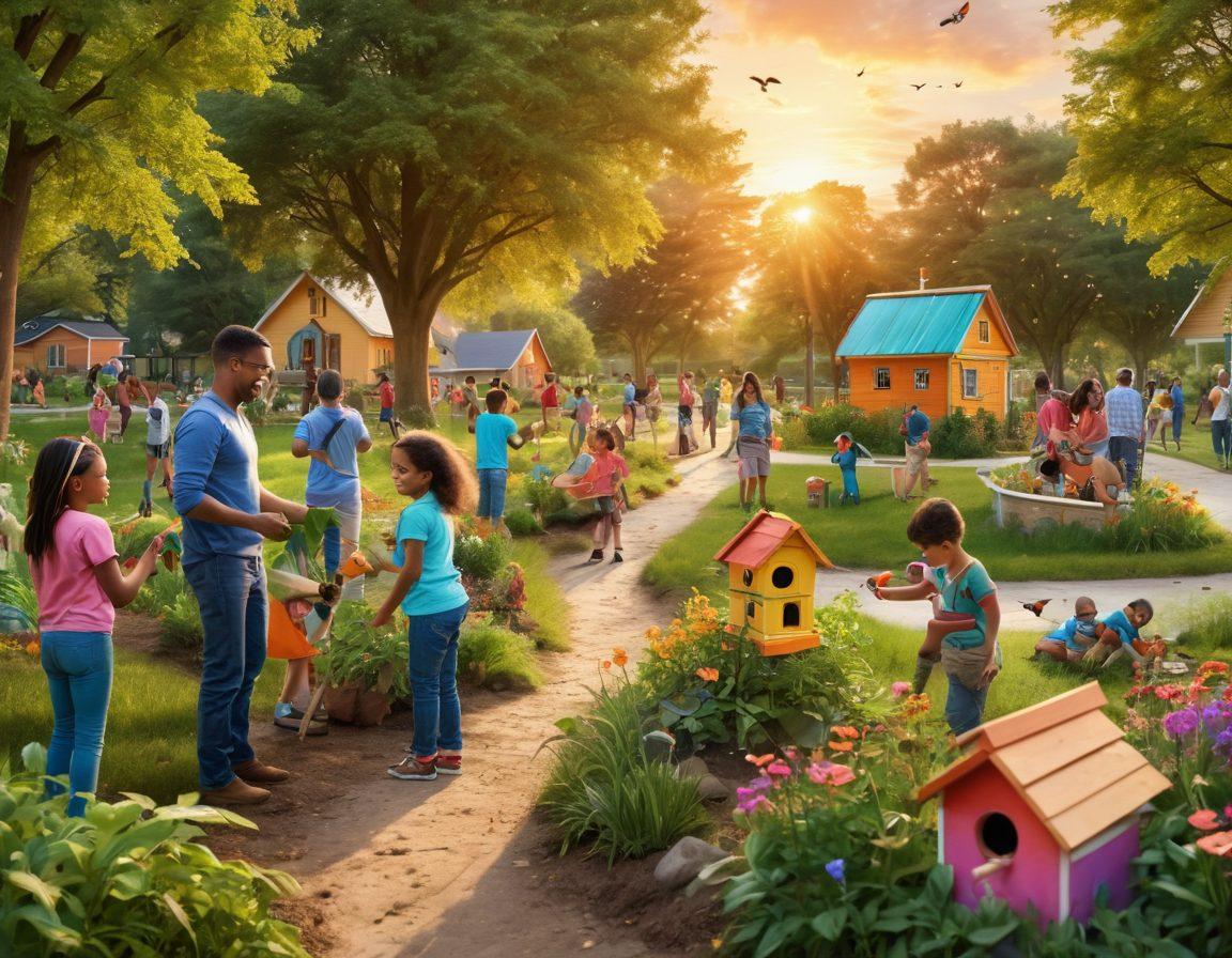 A lush, vibrant community park where diverse people of all ages are actively engaged in wildlife protection efforts, surrounded by flourishing plants and animals. Highlight a close-up of children planting trees and adults installing birdhouses, all smiling and collaborating. The background should feature a beautiful sunset illuminating the scene, symbolizing hope and unity. Incorporate soft, warm colors to evoke a sense of community spirit. super-realistic. vibrant colors. peaceful atmosphere.