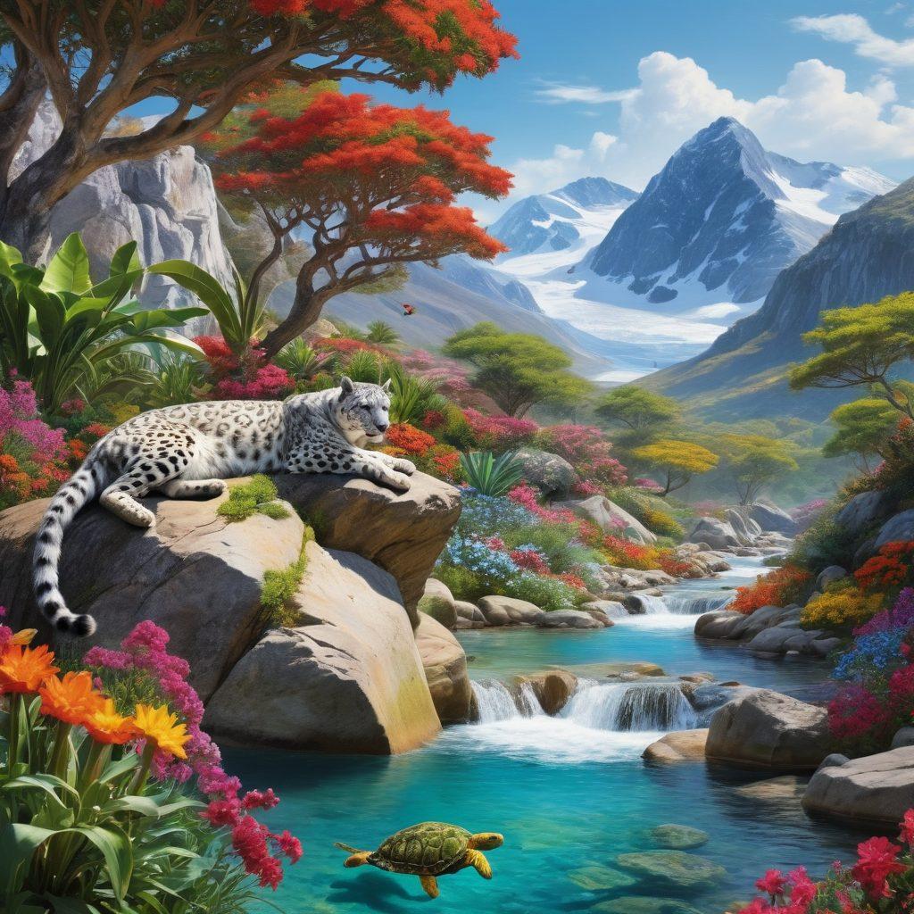 A lush, vibrant landscape showcasing a variety of endangered species in their natural habitat, with colorful flora blooming around them. Include a diverse group of animals such as a snow leopard, sea turtle, and a vibrant parrot, all coexisting harmoniously. Add elements representing sustainable practices, like solar panels and eco-friendly gardens in the background. Emphasize the importance of biodiversity with a bright and inviting atmosphere. super-realistic. vibrant colors. nature-inspired.