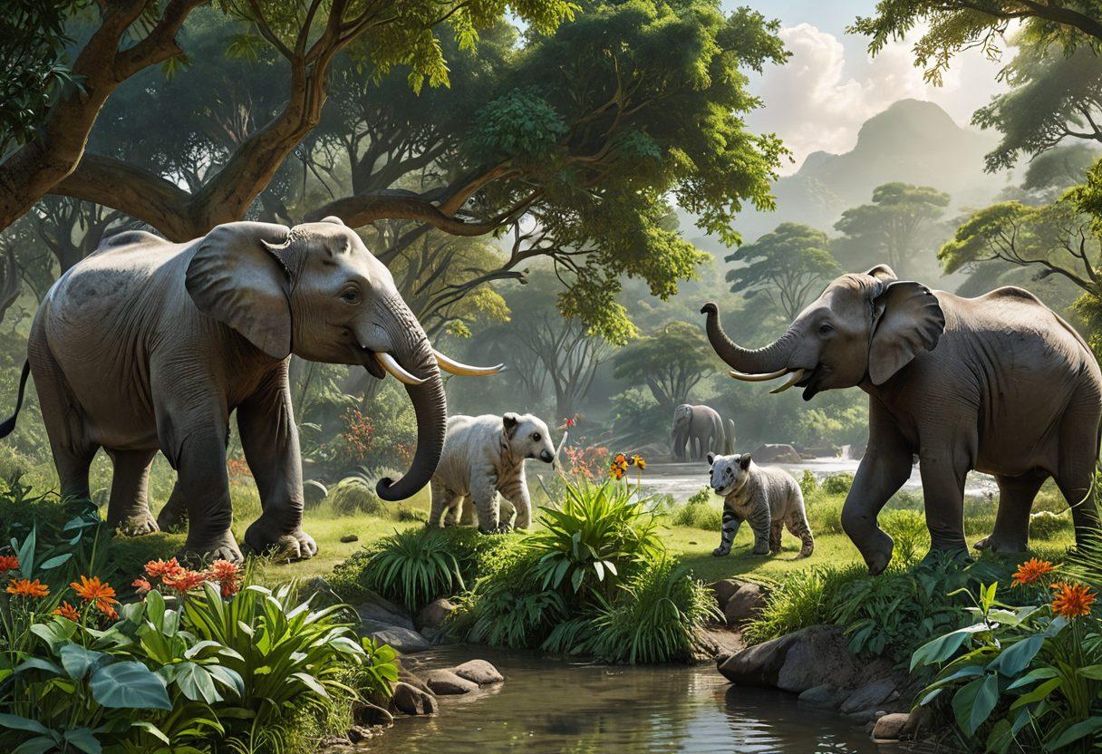 A vibrant scene featuring a diverse group of endangered animals like a panda, a snow leopard, and an African elephant joyfully interacting in a lush green jungle. In the background, a diverse group of people of different ages and ethnicities are engaging in conservation efforts, planting trees and cleaning up a river. Bright flowers bloom around them, symbolizing hope and renewal. The sky is clear and sunny, radiating positivity. super-realistic. vibrant colors.